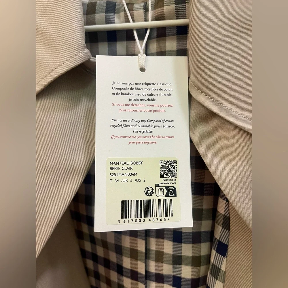 Sezane Bobby Jacket, Light Beige & Gingham, Oversized Cropped Trench, NWT Size 2 - Picture 8 of 16